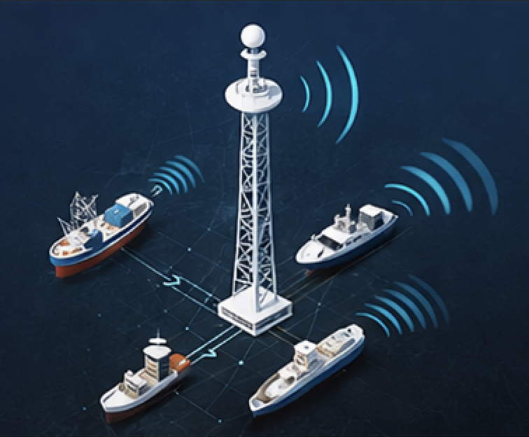 Ilustración del sistema AIS bidireccional con comunicación activa entre torre y buques